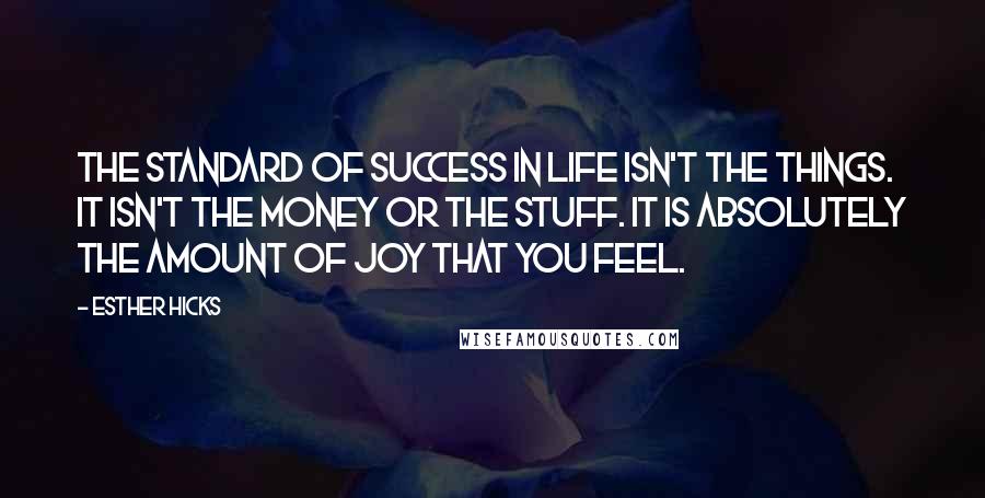 Esther Hicks Quotes: The standard of success in life isn't the things. It isn't the money or the stuff. It is absolutely the amount of joy that you feel.