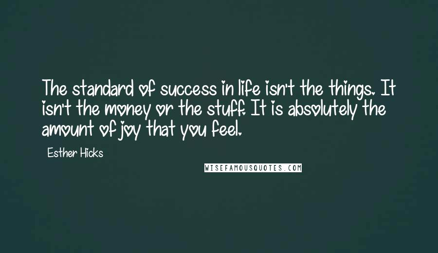 Esther Hicks Quotes: The standard of success in life isn't the things. It isn't the money or the stuff. It is absolutely the amount of joy that you feel.