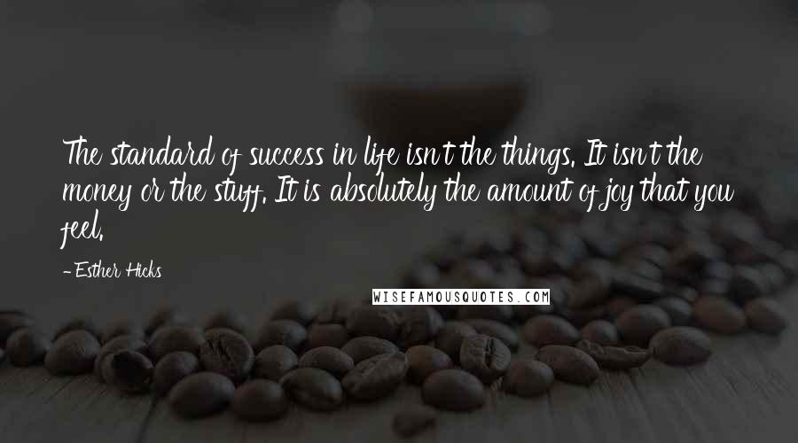 Esther Hicks Quotes: The standard of success in life isn't the things. It isn't the money or the stuff. It is absolutely the amount of joy that you feel.