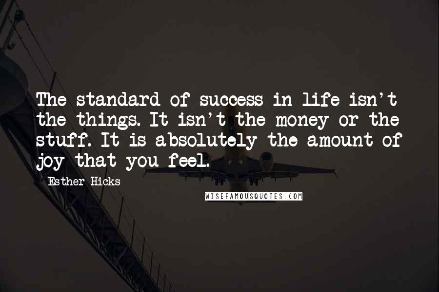 Esther Hicks Quotes: The standard of success in life isn't the things. It isn't the money or the stuff. It is absolutely the amount of joy that you feel.