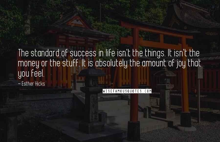 Esther Hicks Quotes: The standard of success in life isn't the things. It isn't the money or the stuff. It is absolutely the amount of joy that you feel.