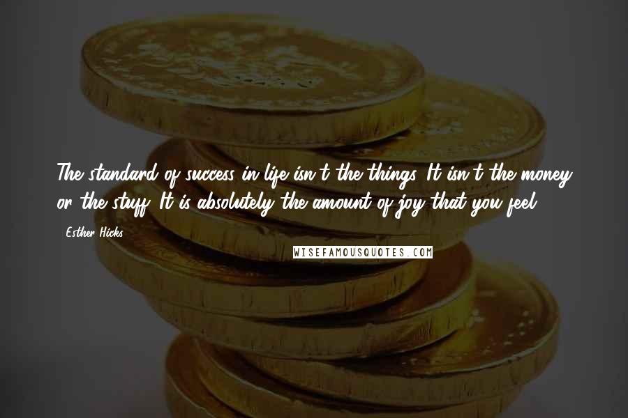 Esther Hicks Quotes: The standard of success in life isn't the things. It isn't the money or the stuff. It is absolutely the amount of joy that you feel.