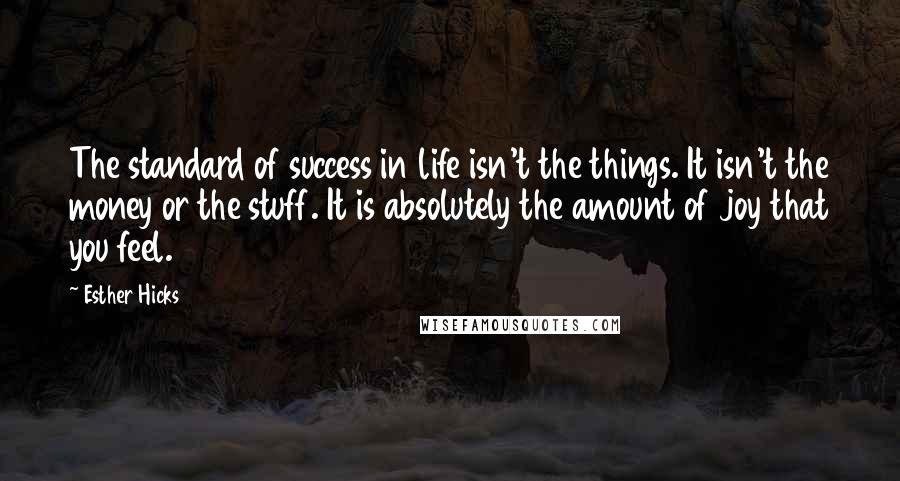 Esther Hicks Quotes: The standard of success in life isn't the things. It isn't the money or the stuff. It is absolutely the amount of joy that you feel.