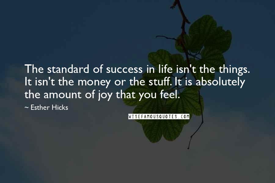 Esther Hicks Quotes: The standard of success in life isn't the things. It isn't the money or the stuff. It is absolutely the amount of joy that you feel.