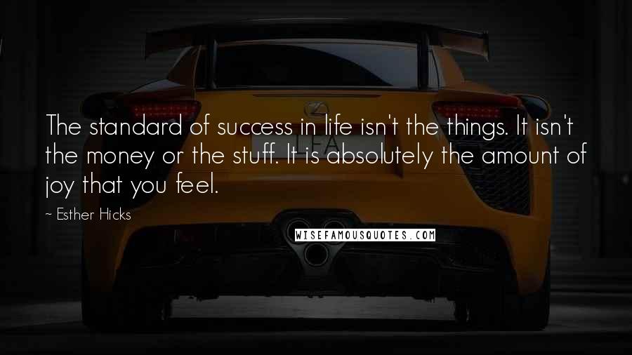 Esther Hicks Quotes: The standard of success in life isn't the things. It isn't the money or the stuff. It is absolutely the amount of joy that you feel.