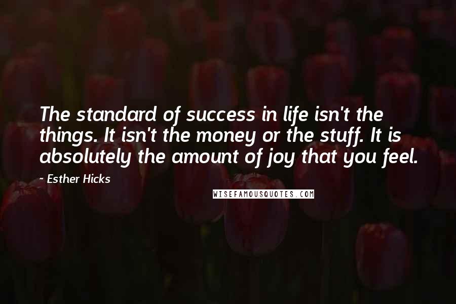 Esther Hicks Quotes: The standard of success in life isn't the things. It isn't the money or the stuff. It is absolutely the amount of joy that you feel.