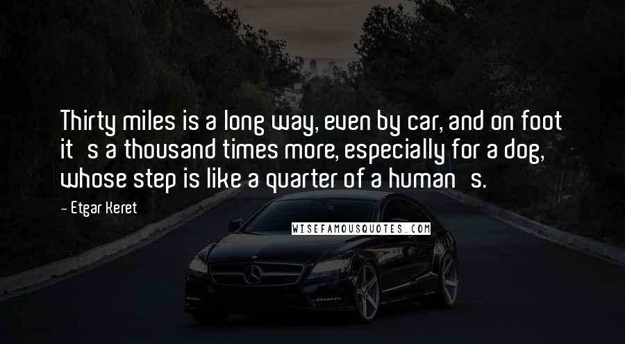 Etgar Keret Quotes: Thirty miles is a long way, even by car, and on foot it's a thousand times more, especially for a dog, whose step is like a quarter of a human's.