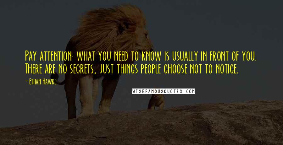 Ethan Hawke Quotes: Pay attention: what you need to know is usually in front of you. There are no secrets, just things people choose not to notice.