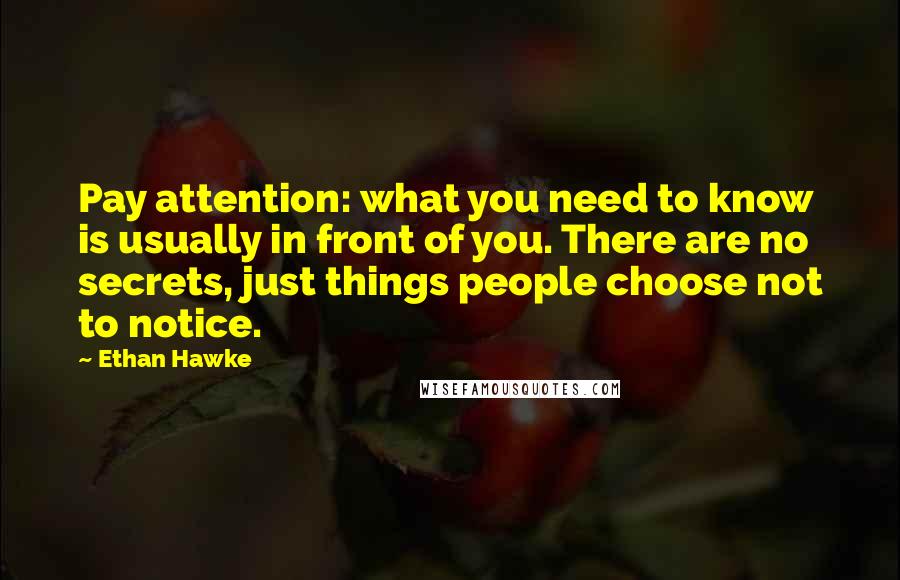 Ethan Hawke Quotes: Pay attention: what you need to know is usually in front of you. There are no secrets, just things people choose not to notice.