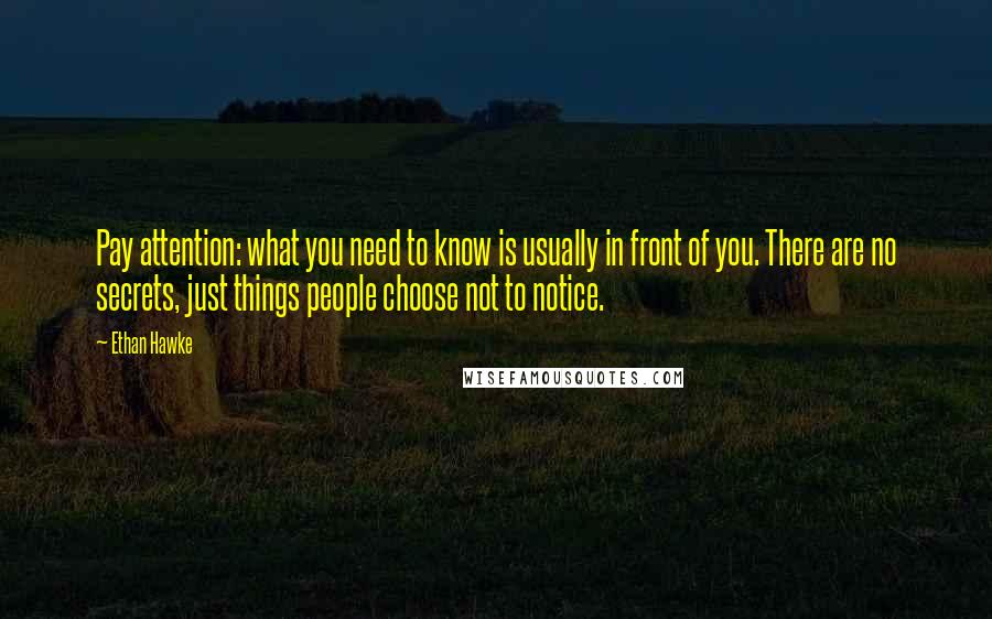 Ethan Hawke Quotes: Pay attention: what you need to know is usually in front of you. There are no secrets, just things people choose not to notice.