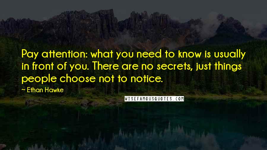 Ethan Hawke Quotes: Pay attention: what you need to know is usually in front of you. There are no secrets, just things people choose not to notice.