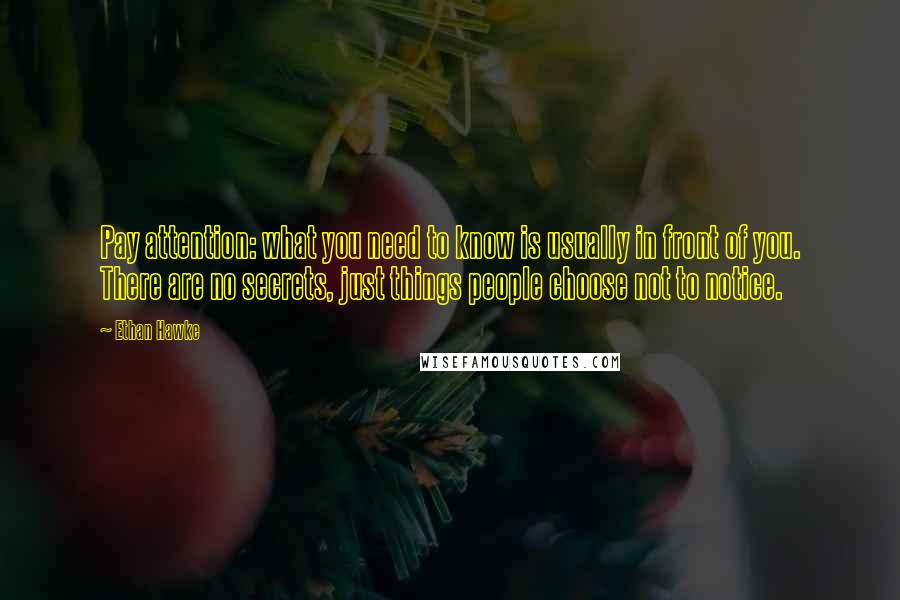 Ethan Hawke Quotes: Pay attention: what you need to know is usually in front of you. There are no secrets, just things people choose not to notice.