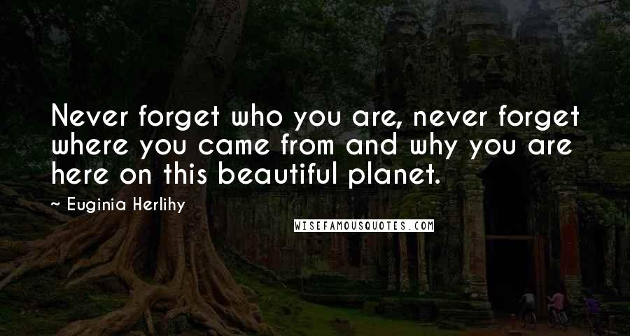 Euginia Herlihy Quotes: Never forget who you are, never forget where you came from and why you are here on this beautiful planet.