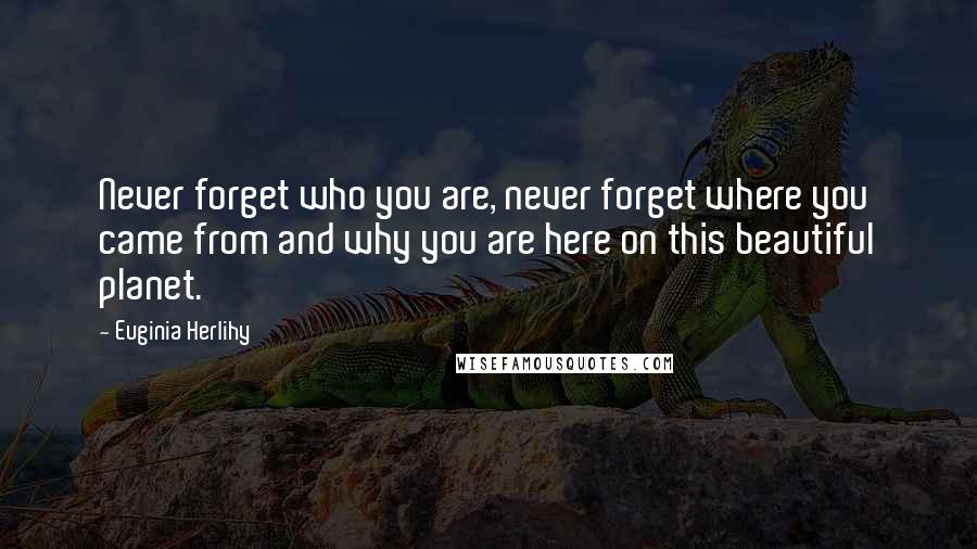 Euginia Herlihy Quotes: Never forget who you are, never forget where you came from and why you are here on this beautiful planet.