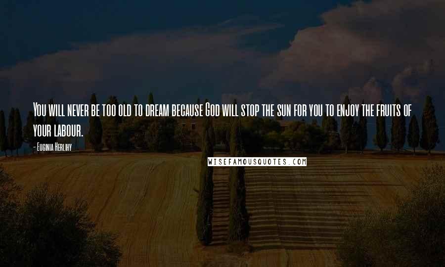 Euginia Herlihy Quotes: You will never be too old to dream because God will stop the sun for you to enjoy the fruits of your labour.