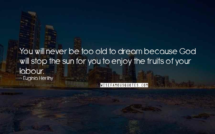 Euginia Herlihy Quotes: You will never be too old to dream because God will stop the sun for you to enjoy the fruits of your labour.