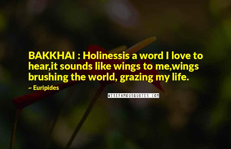 Euripides Quotes: BAKKHAI : Holinessis a word I love to hear,it sounds like wings to me,wings brushing the world, grazing my life.