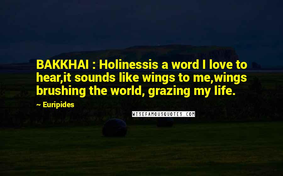 Euripides Quotes: BAKKHAI : Holinessis a word I love to hear,it sounds like wings to me,wings brushing the world, grazing my life.