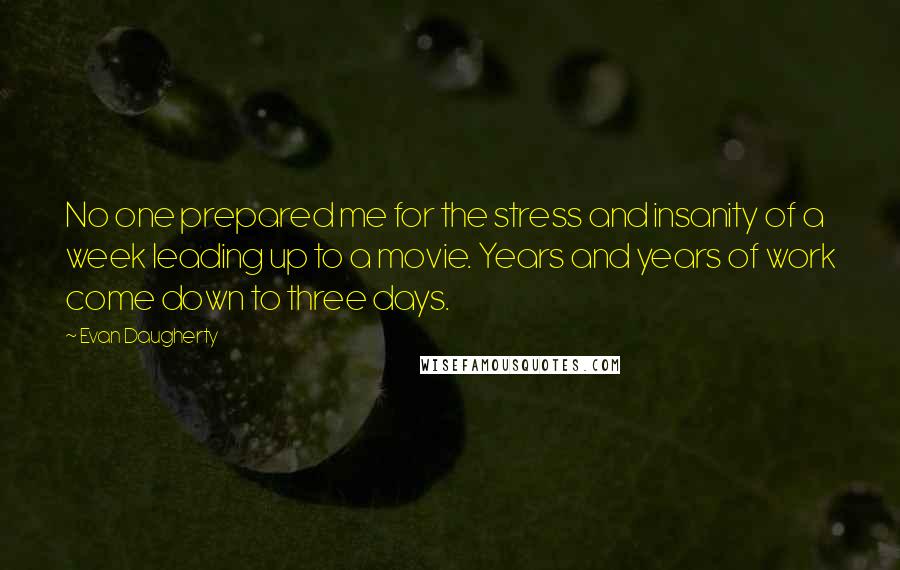 Evan Daugherty Quotes: No one prepared me for the stress and insanity of a week leading up to a movie. Years and years of work come down to three days.