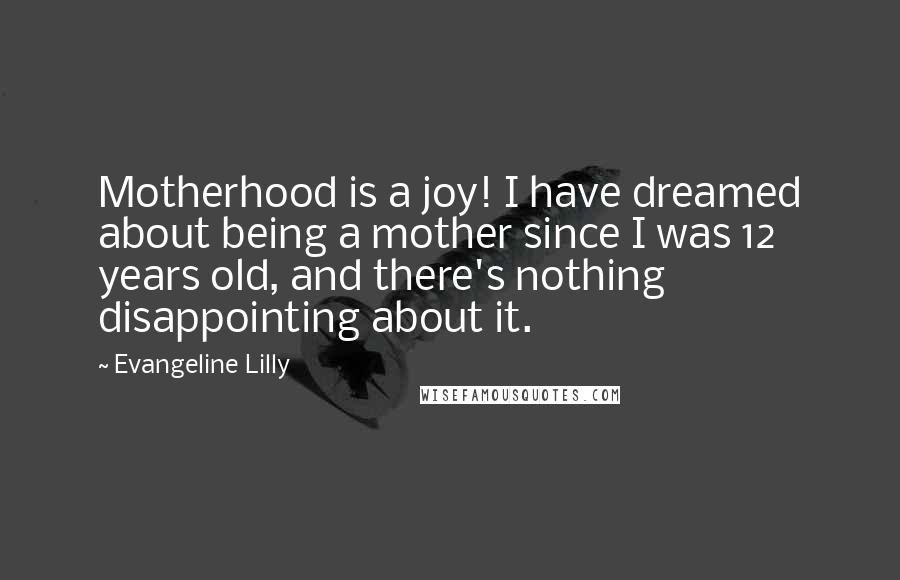 Evangeline Lilly Quotes: Motherhood is a joy! I have dreamed about being a mother since I was 12 years old, and there's nothing disappointing about it.