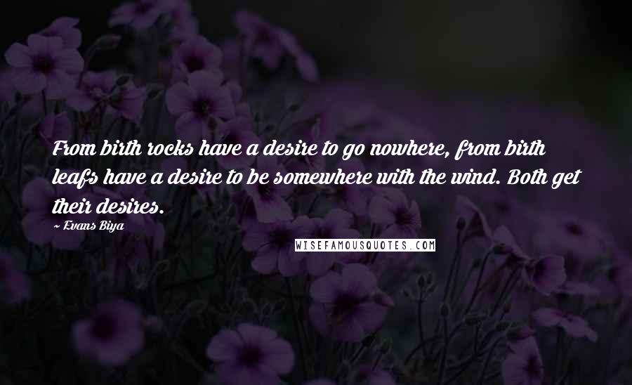 Evans Biya Quotes: From birth rocks have a desire to go nowhere, from birth leafs have a desire to be somewhere with the wind. Both get their desires.