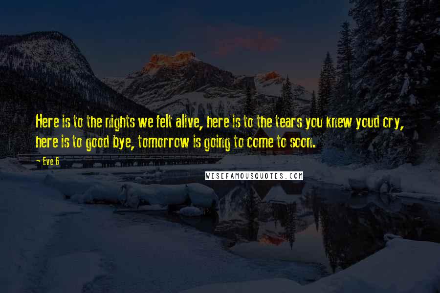 Eve 6 Quotes: Here is to the nights we felt alive, here is to the tears you knew youd cry, here is to good bye, tomorrow is going to come to soon.