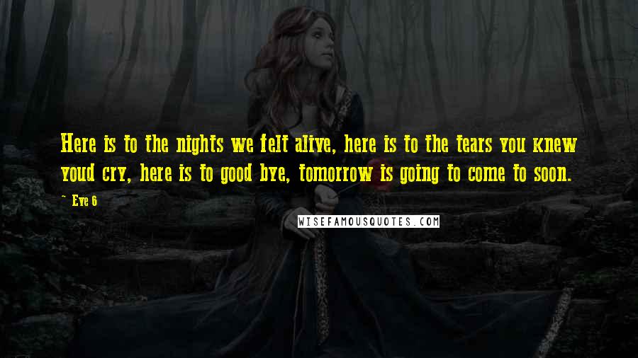 Eve 6 Quotes: Here is to the nights we felt alive, here is to the tears you knew youd cry, here is to good bye, tomorrow is going to come to soon.