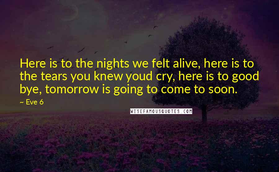 Eve 6 Quotes: Here is to the nights we felt alive, here is to the tears you knew youd cry, here is to good bye, tomorrow is going to come to soon.