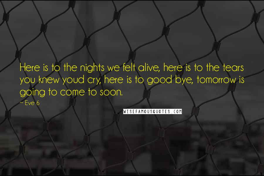Eve 6 Quotes: Here is to the nights we felt alive, here is to the tears you knew youd cry, here is to good bye, tomorrow is going to come to soon.