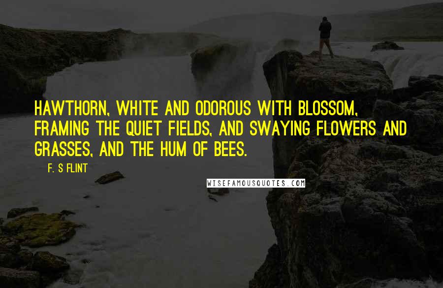 F. S Flint Quotes: Hawthorn, white and odorous with blossom, framing the quiet fields, and swaying flowers and grasses, and the hum of bees.