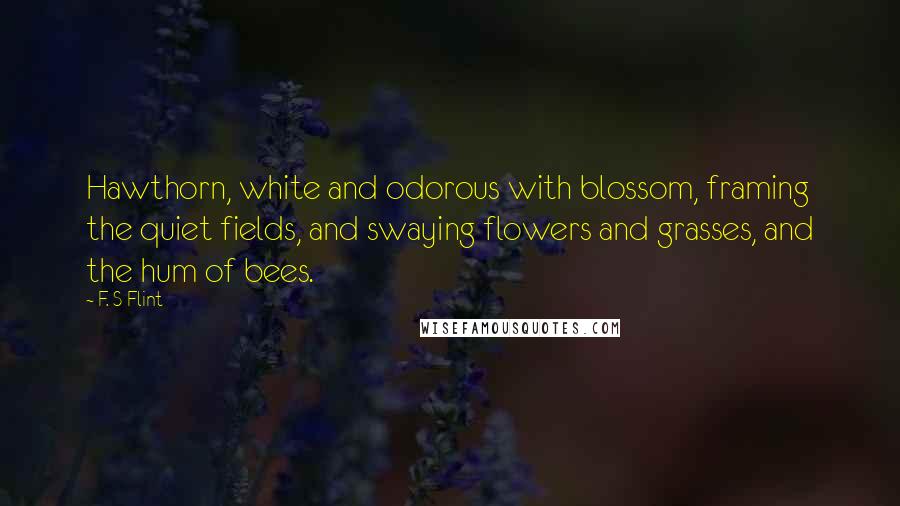 F. S Flint Quotes: Hawthorn, white and odorous with blossom, framing the quiet fields, and swaying flowers and grasses, and the hum of bees.