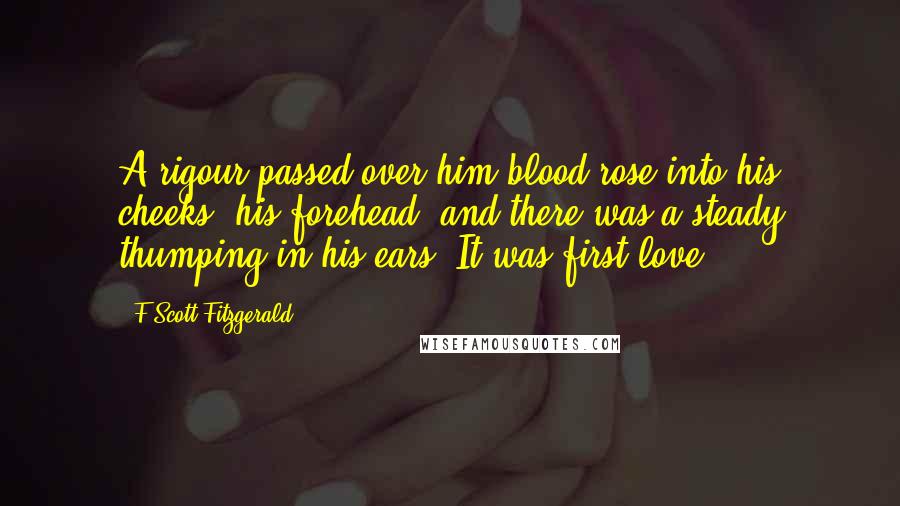 F Scott Fitzgerald Quotes: A rigour passed over him,blood rose into his cheeks, his forehead, and there was a steady thumping in his ears. It was first love.