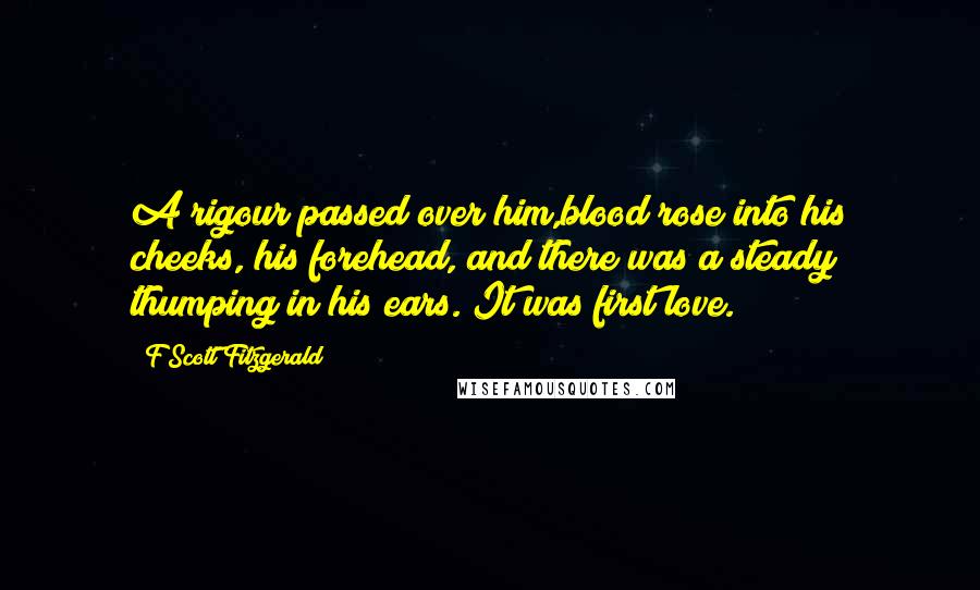 F Scott Fitzgerald Quotes: A rigour passed over him,blood rose into his cheeks, his forehead, and there was a steady thumping in his ears. It was first love.