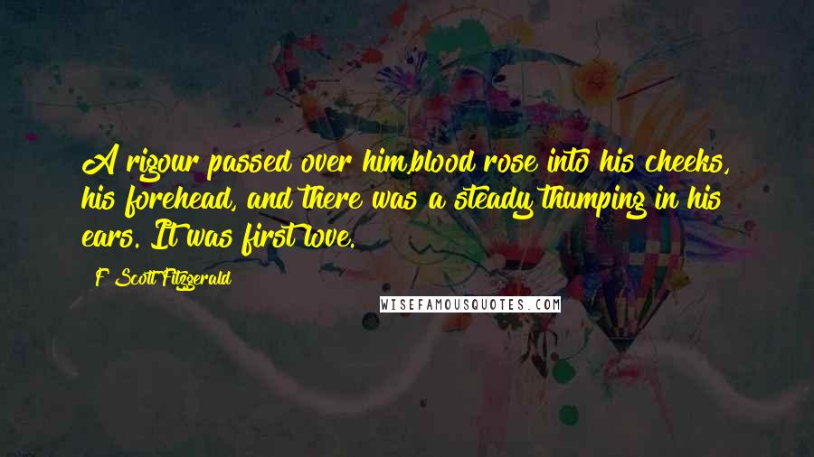 F Scott Fitzgerald Quotes: A rigour passed over him,blood rose into his cheeks, his forehead, and there was a steady thumping in his ears. It was first love.