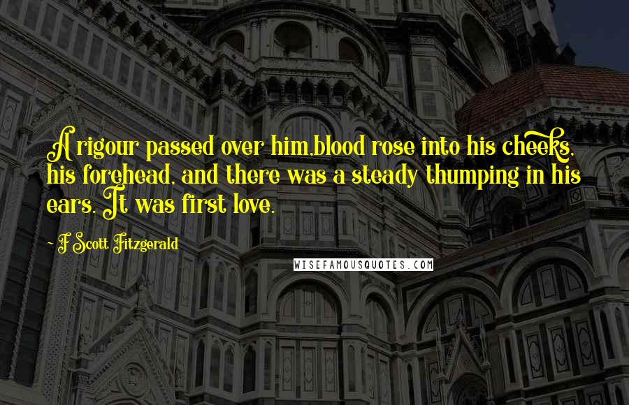 F Scott Fitzgerald Quotes: A rigour passed over him,blood rose into his cheeks, his forehead, and there was a steady thumping in his ears. It was first love.