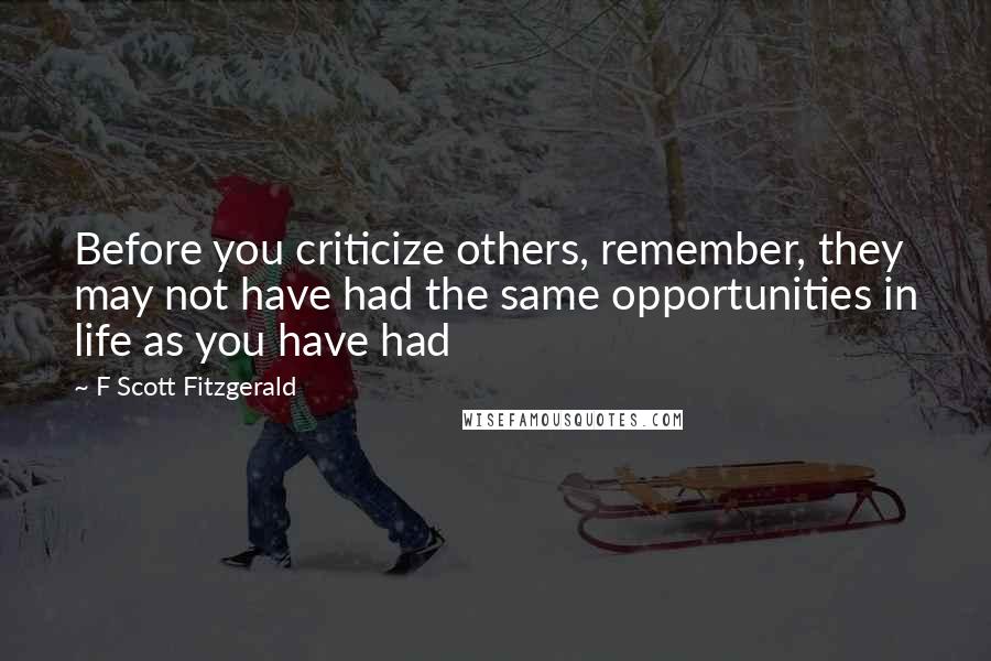 F Scott Fitzgerald Quotes: Before you criticize others, remember, they may not have had the same opportunities in life as you have had