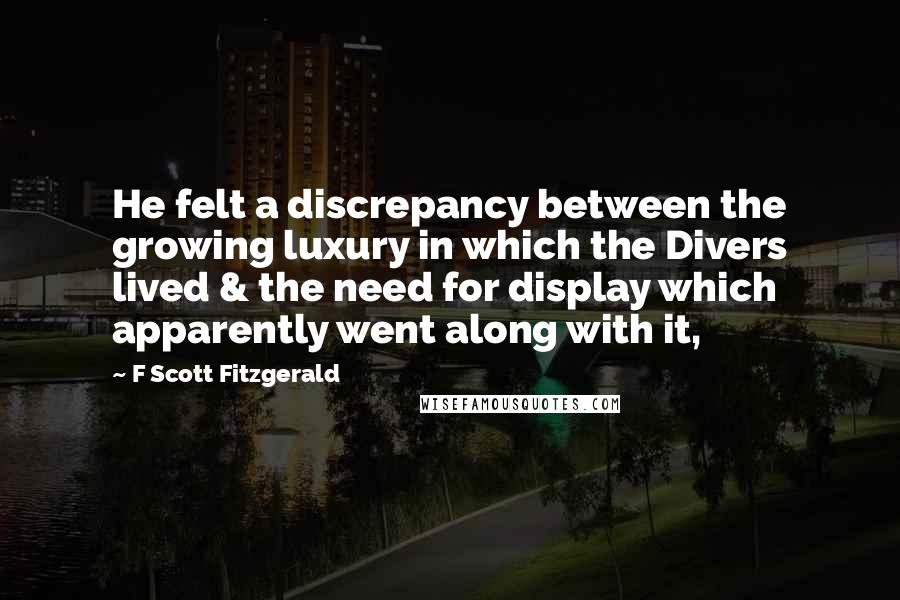 F Scott Fitzgerald Quotes: He felt a discrepancy between the growing luxury in which the Divers lived & the need for display which apparently went along with it,