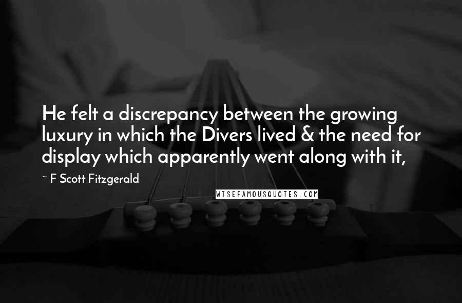 F Scott Fitzgerald Quotes: He felt a discrepancy between the growing luxury in which the Divers lived & the need for display which apparently went along with it,