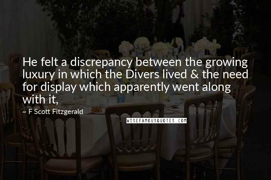 F Scott Fitzgerald Quotes: He felt a discrepancy between the growing luxury in which the Divers lived & the need for display which apparently went along with it,