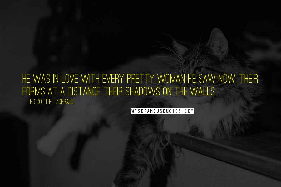 F Scott Fitzgerald Quotes: He was in love with every pretty woman he saw now, their forms at a distance, their shadows on the walls.