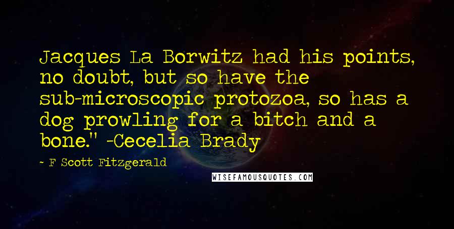 F Scott Fitzgerald Quotes: Jacques La Borwitz had his points, no doubt, but so have the sub-microscopic protozoa, so has a dog prowling for a bitch and a bone." -Cecelia Brady