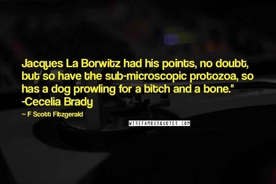 F Scott Fitzgerald Quotes: Jacques La Borwitz had his points, no doubt, but so have the sub-microscopic protozoa, so has a dog prowling for a bitch and a bone." -Cecelia Brady