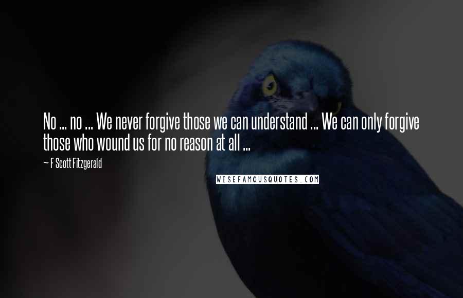 F Scott Fitzgerald Quotes: No ... no ... We never forgive those we can understand ... We can only forgive those who wound us for no reason at all ...