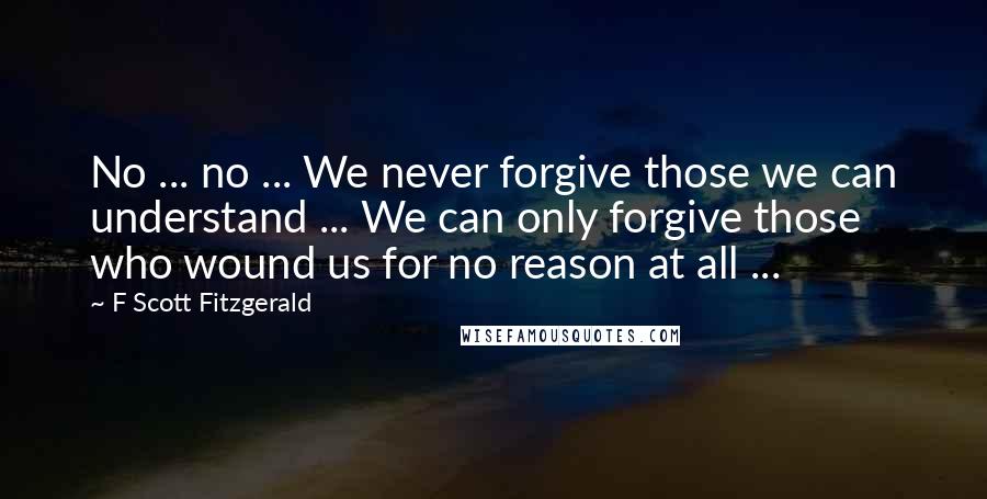 F Scott Fitzgerald Quotes: No ... no ... We never forgive those we can understand ... We can only forgive those who wound us for no reason at all ...