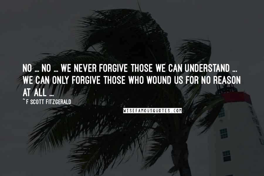 F Scott Fitzgerald Quotes: No ... no ... We never forgive those we can understand ... We can only forgive those who wound us for no reason at all ...