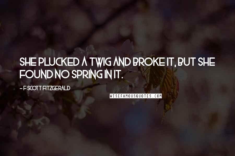 F Scott Fitzgerald Quotes: She plucked a twig and broke it, but she found no spring in it.