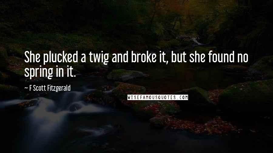 F Scott Fitzgerald Quotes: She plucked a twig and broke it, but she found no spring in it.