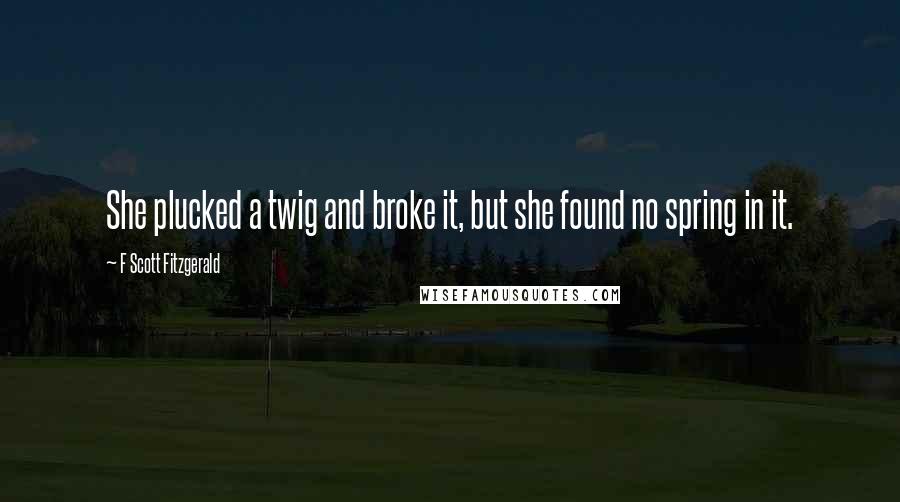 F Scott Fitzgerald Quotes: She plucked a twig and broke it, but she found no spring in it.