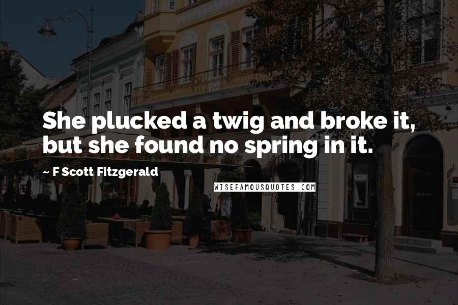 F Scott Fitzgerald Quotes: She plucked a twig and broke it, but she found no spring in it.