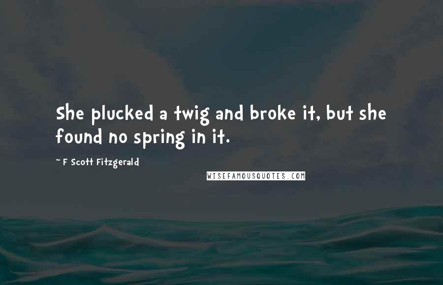 F Scott Fitzgerald Quotes: She plucked a twig and broke it, but she found no spring in it.